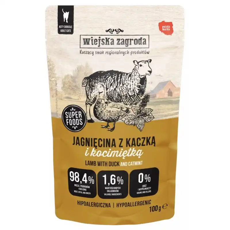 WIEJSKA ZAGRODA KOT Jagnięcina z kaczką i kocimiętką 100g (saszetka) Najlepsza cena