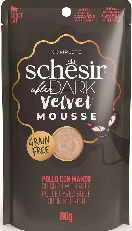 Ostatnia szansa Schesir After Dark Velvet Mousse Adult Chicken with Beef Karma z kurczakiem i wołowiną dla kota 80g