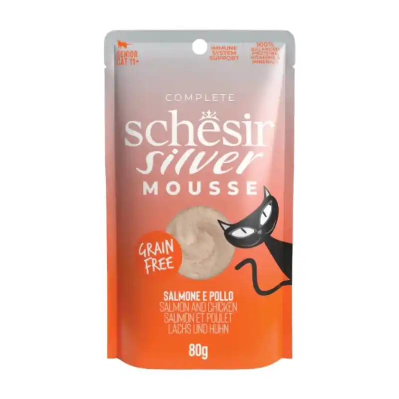 Nie przegap SCHESIR CAT Senior Silver Mousse Salmon and chicken 80g (saszetka)
