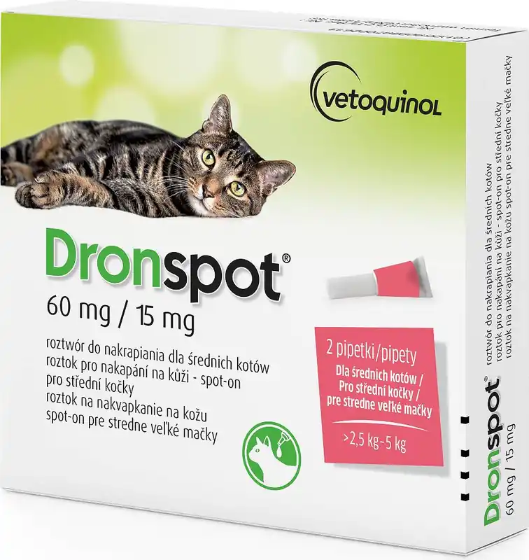 Dostępne od ręki Vetoquinol Dronspot dla Kota 2.5kg-5kg Krople na robaki i pasożyty 2 pipety
