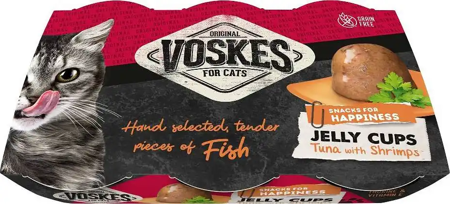 Niska cena Voskes Original Adult Jelly Cups Tuna & Shrimps Przysmak z tuńczykiem i krewetkami dla kota 6x25g