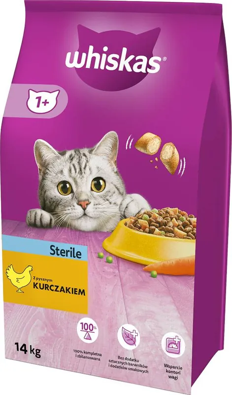 Hit sprzedaży Whiskas Adult Sterile Karma z kurczakiem dla kota 14kg