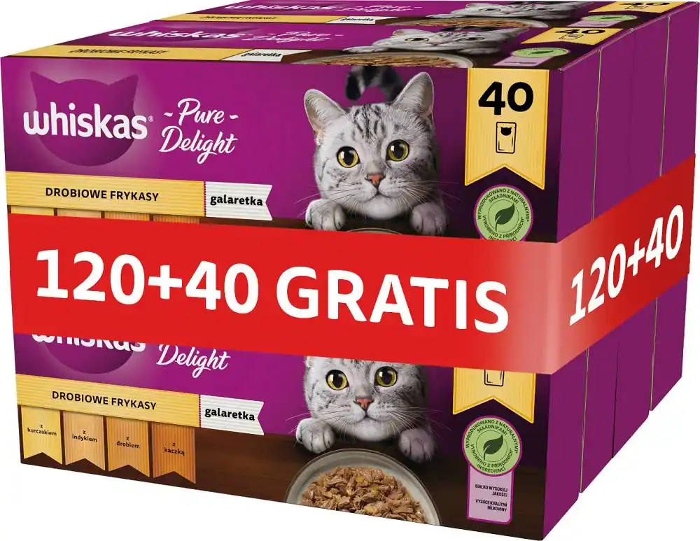 Ograniczona ilość Whiskas Drobiowe Frykasy Karma w galaretce dla kota 120x85g + 40x85g GRATIS