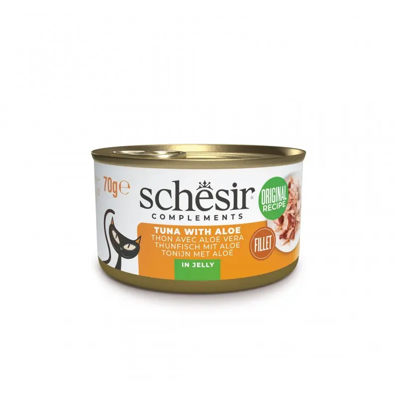 SCHESIR Complements karma mokra dla kotów tuńczyk z aloesem w galarecie 70g (puszka) Do wyczerpania zapasów