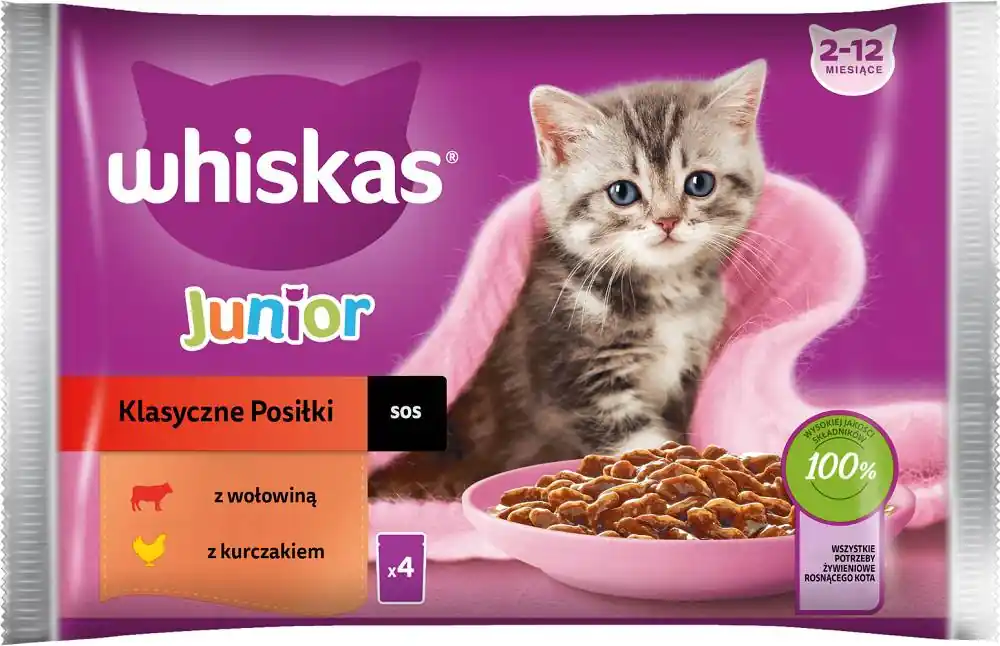 Nowy Whiskas JUNIOR Klasyczne posiłki Karma w sosie dla kociąt 4x85g