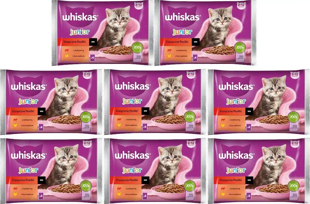 Nowość Whiskas JUNIOR Klasyczne posiłki Karma w sosie dla kociąt 8x(4x85g) PAKIET