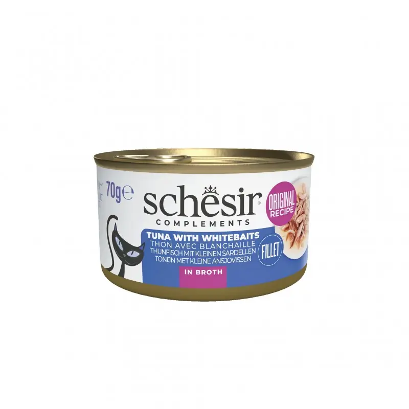 SCHESIR Complements karma mokra dla kotów tuńczyk ze szprotami w bulionie 70g (puszka) Oferta limitowana
