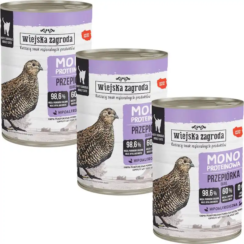 Wiejska Zagroda Cat Monoproteinowa Karma z przepiórką dla kota 12x400g PAKIET Łatwy zwrot