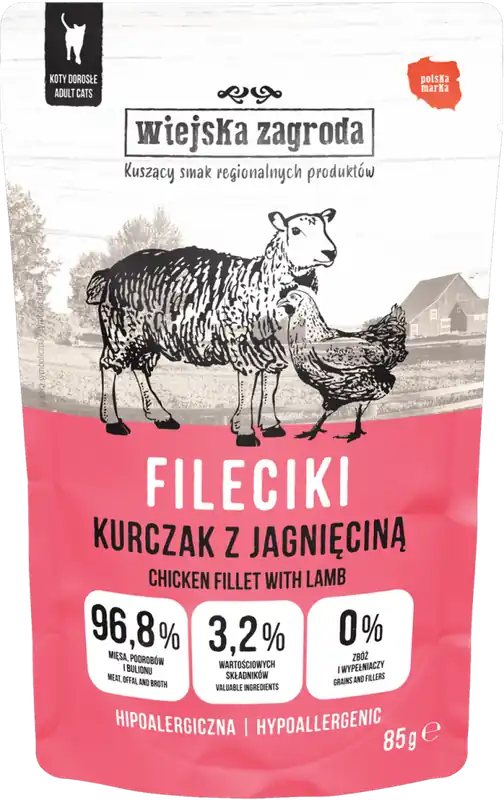 Ostatnie sztuki Wiejska Zagroda Karma Hipoalergiczna z kurczakiem i jagnięciną dla kota 85g SASZETKA