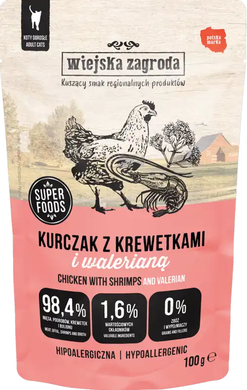 Wiejska Zagroda Karma Hipoalergiczna z kurczakiem i krewetkami dla kota 100g SASZETKA Oferta czasowa