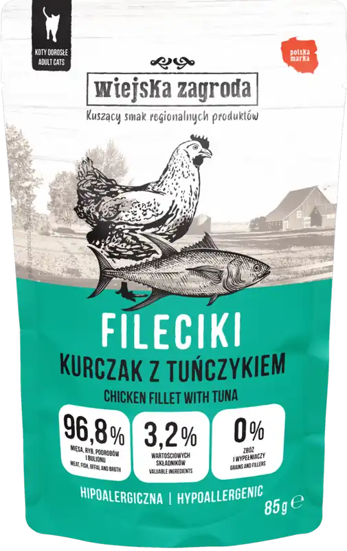 Wiejska Zagroda Karma Hipoalergiczna z kurczakiem i tuńczykiem dla kota 85g SASZETKA Tani