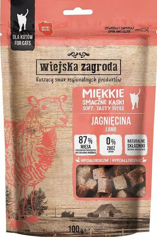 Bezpieczne zakupy Wiejska Zagroda Miękkie Kąski Przysmak z jagnięciną dla kota 100g