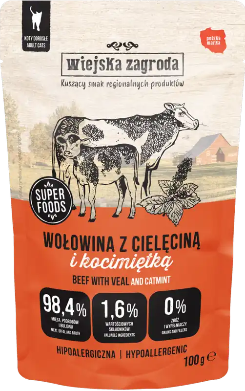 Wiejska Zagroda Mokra Karma Hipoalergiczna z wołowiną i cielęciną dla kota 85g SASZETKA Do wyczerpania zapasów