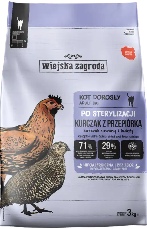 Wiejska Zagroda Sterlised Adult Karma z kurczakiem i przepiórką dla kota 3kg Premium