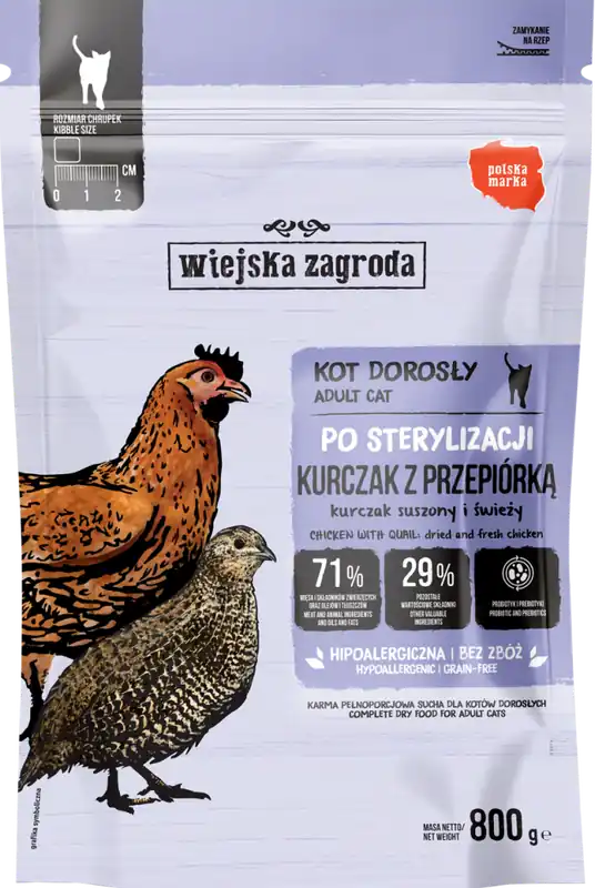 Zamów dziś Wiejska Zagroda Sterlised Adult Karma z kurczakiem i przepiórką dla kota 400g
