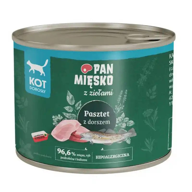 PAN MIĘSKO Karma mokra dla kota z Ziołami Pasztet z dorszem (dorosły) 200g Szybka wysyłka