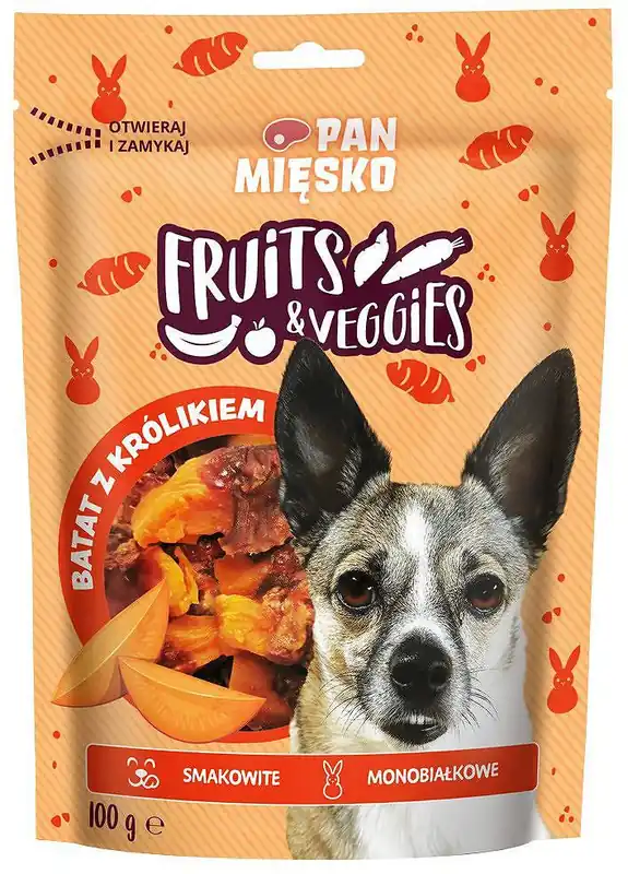 Bezpieczne zakupy Pan Mięsko Fruits&Veggies Przysmak z batatami i królikiem dla psa 100g