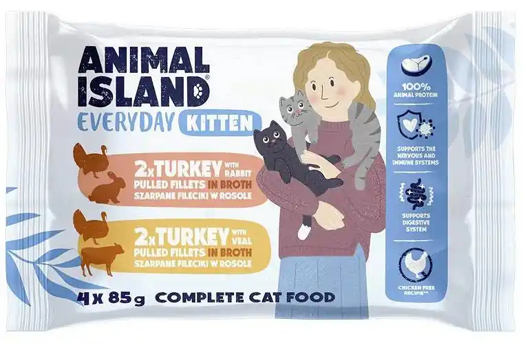 Szybka wysyłka Animal Island Everyday Kitten Turkey with Rabbit&Turkey with Veal in Broth Mokra Karma dla kociąt op. 4x85g