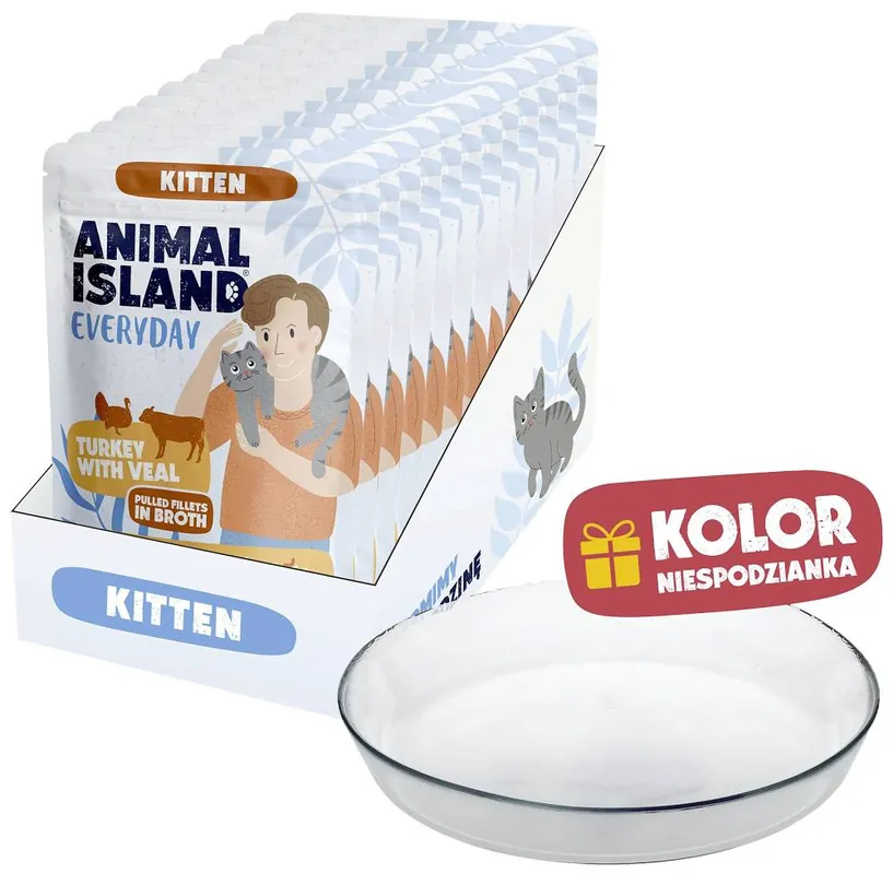 Tylko do końca tygodnia Animal Island Everyday Kitten Turkey with Veal in Broth Mokra Karma dla kociąt op. 12x85g + Talerzyk GRATIS