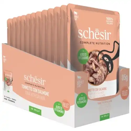 Wybór klientów Schesir Karma mokra dla kota Tu艅czyk z 艂ososiem w galaretce Saszetka 12 x 85g