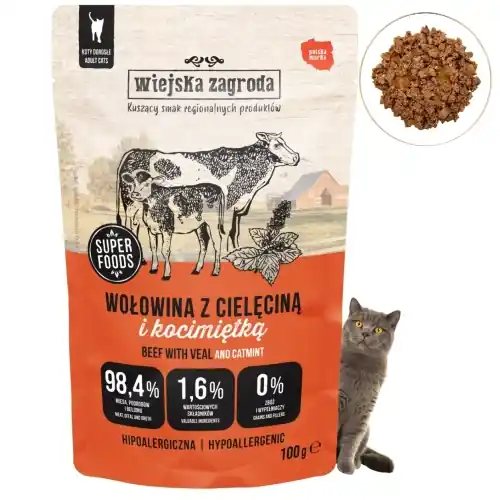 Hit cenowy Wiejska Zagroda wo艂owina z ciel臋cin膮 i kocimi臋tk膮 karma mokra dla kota 100g