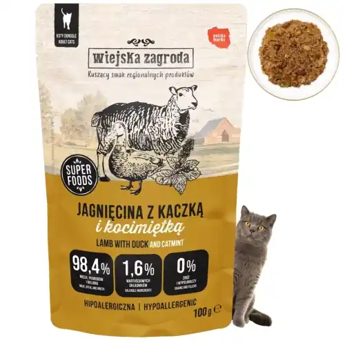 Wiejska Zagroda jagni臋cina z kaczk膮 i kocimi臋tk膮 karma mokra dla kota 100 g Ograniczona ilość