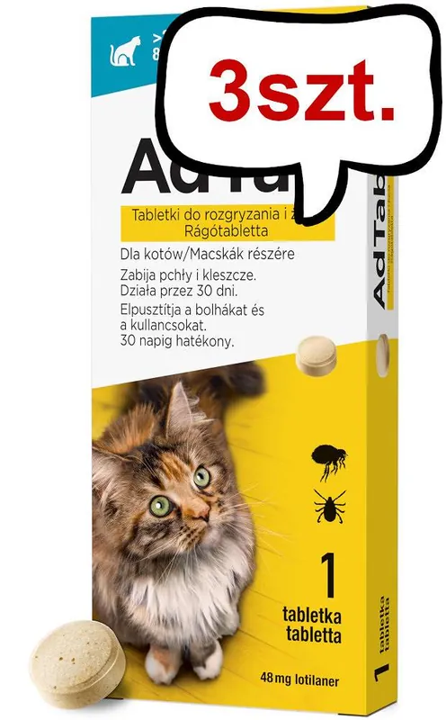 Ostatnia szansa Elanco AdTab Tabletka na kleszcze i pchły 48mg dla kota o wadze 2kg-8kg op. 1szt. Pakiet 3szt.