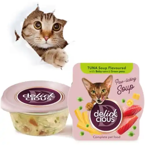 Sprawdź teraz Delickcious Zupa z tu艅czykiem kukurydz膮 i groszkiem 80g karma dla kot贸w