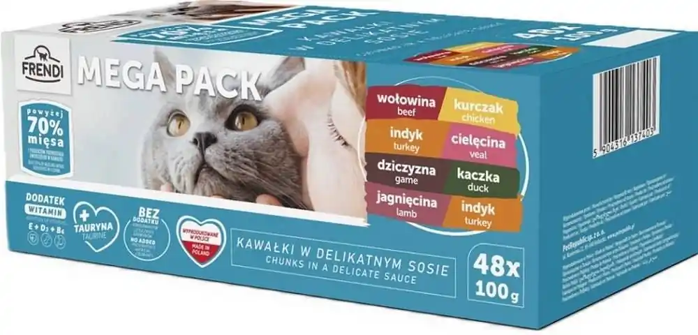 Kup teraz Frendi Kawałki Mięsne w Delikatnym Sosie Mokra Karma dla kota MEGA PAK op. 48x100g
