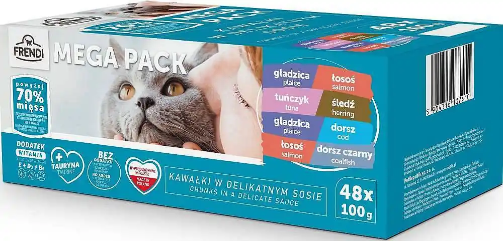 Obniżka ceny Frendi Kawałki Rybne w Delikatnym Sosie Mokra Karma dla kota MEGA PAK op. 48x100g