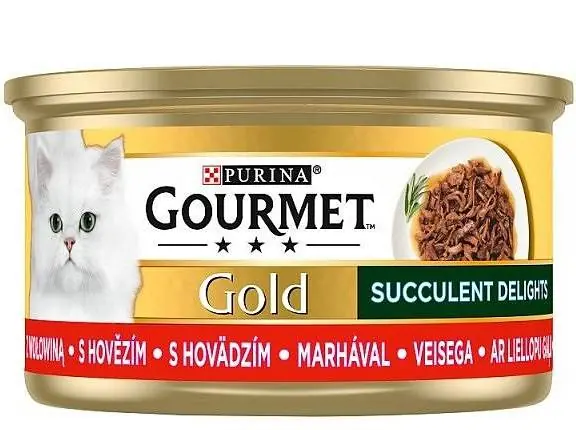 Darmowy zwrot Gourmet Gold Adult Succulent Delights Wołowina w sosie Mokra Karma dla kota op. 85g