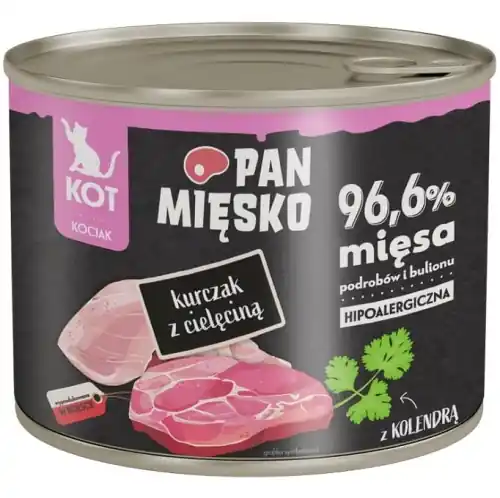 Dodaj do koszyka Pan Mi臋sko kurczak z ciel臋cin膮 karma dla koci膮t bez zb贸偶 tauryna 200g