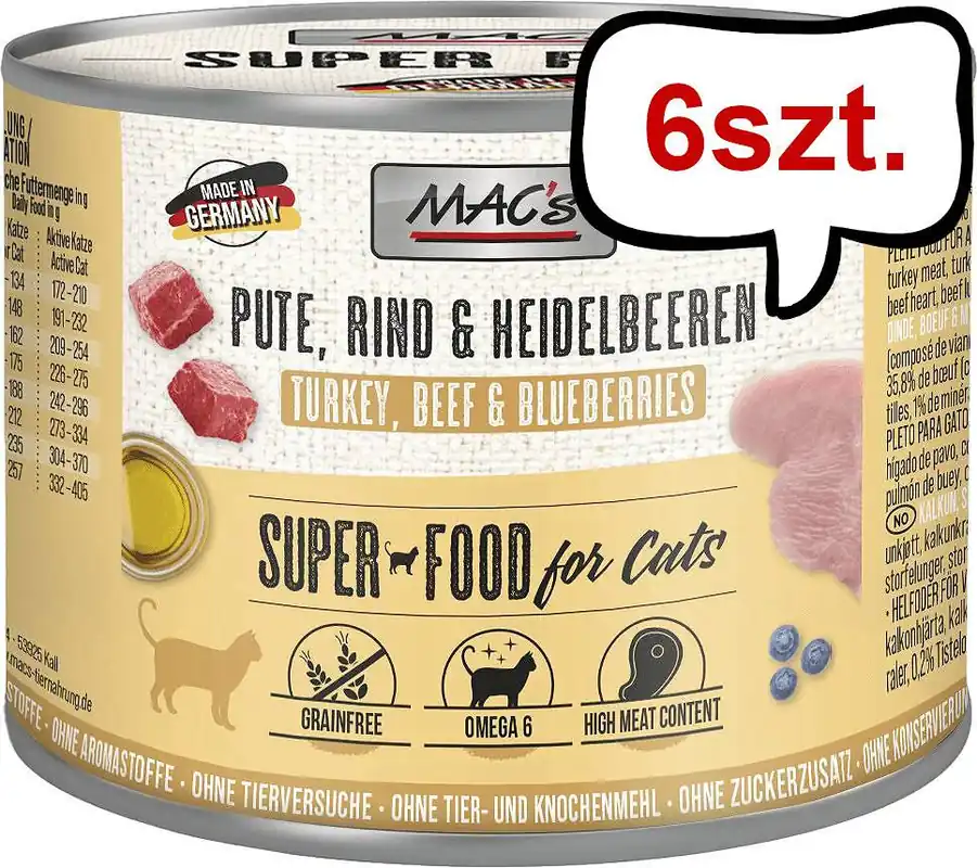 Wybór klientów Mac‘s Adult Indyk z wołowiną i jagodami Mokra Karma dla kota op. 200g Pakiet 6szt.