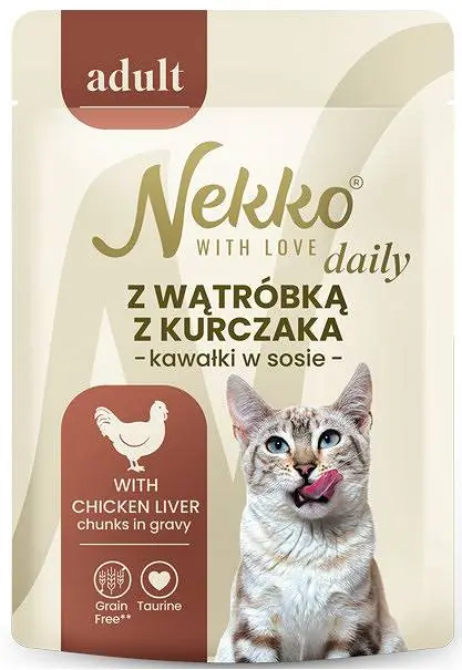 Do wyczerpania zapasów Nekko Daily Adult z wątróbką z kurczaka w sosie Mokra Karma dla kota op. 85g