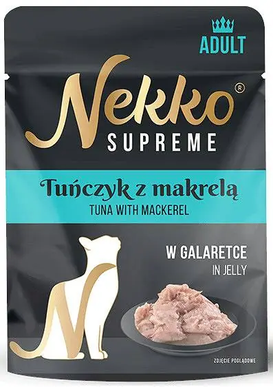 Popularny Nekko Supreme Adult Tuńczyk z makrelą w galaretce Mokra Karma dla kota op. 70g
