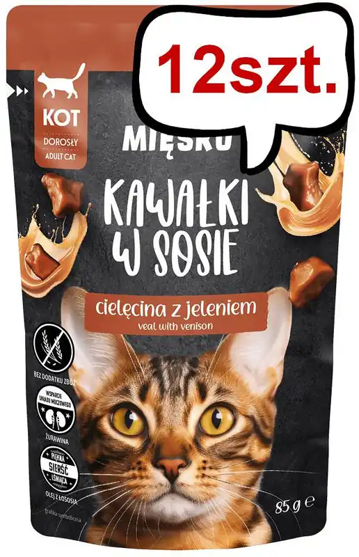 Popularny Pan Mięsko Adult Cielęcina z jeleniem w sosie Mokra Karma dla kota op. 85g Pakiet 12szt.