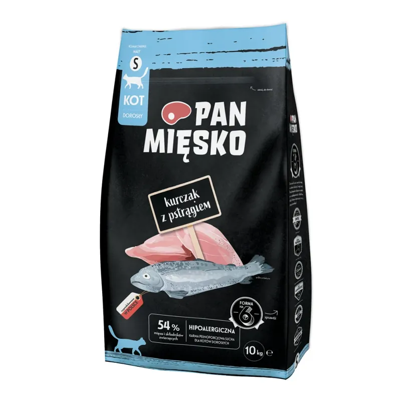 Nowość Karma sucha dla kota Pan Mięsko Kurczak z pstrągiem S 10 kg