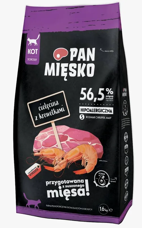 Popularny Pan Mięsko Cielęcina z krewetkami Sucha Karma dla kota op. 1.6kg