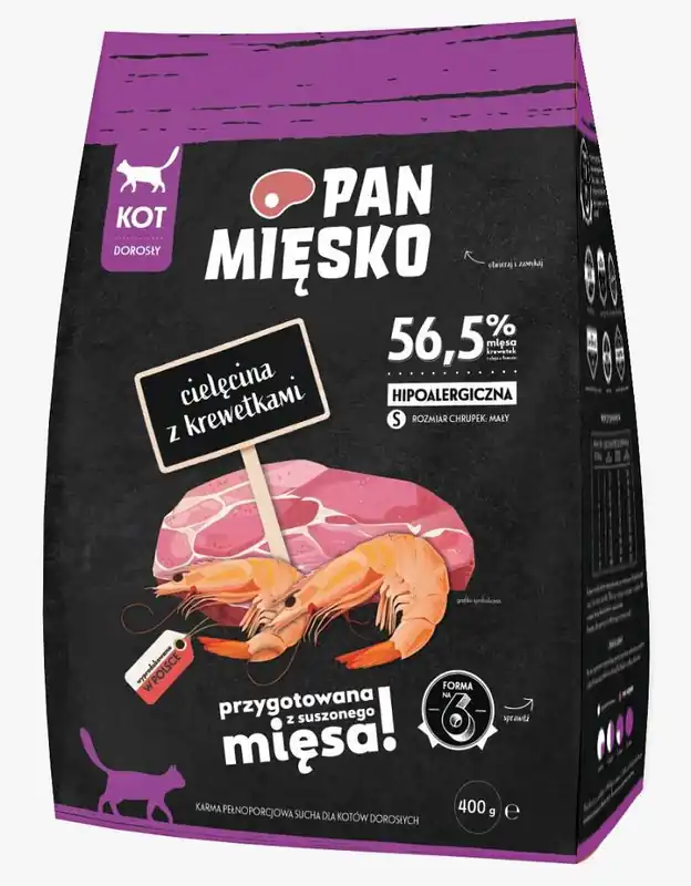 Nowość Pan Mięsko Cielęcina z krewetkami Sucha Karma dla kota op. 400g