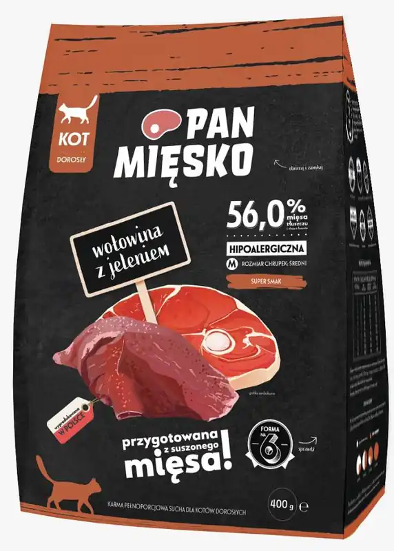 Pan Mięsko Wołowina z jeleniem Sucha Karma dla kota op. 400g Oferta limitowana