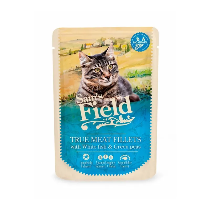 Szybka wysyłka Sam‘s Field True Meat Filet z białej ryby z zielonym groszkiem 85 g (karma mokra dla kota)