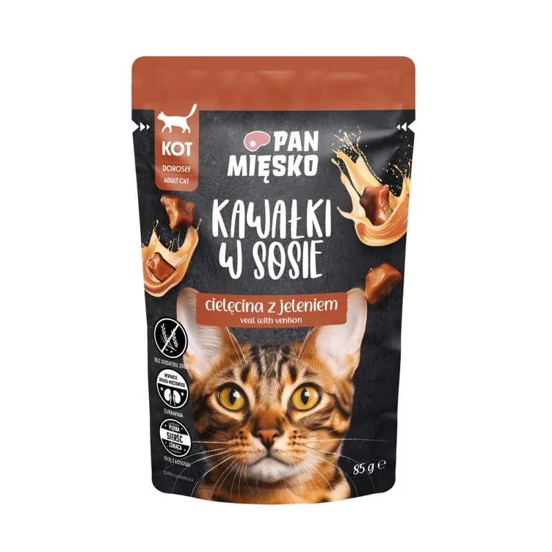 Oferta czasowa Pan Mięsko Kawałki w sosie Cielęcina z jeleniem 85 g (karma mokra dla kota)