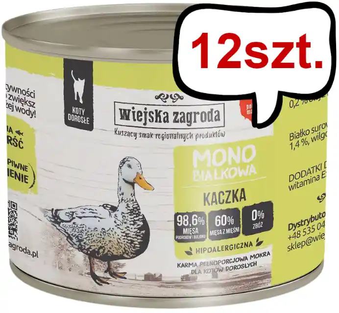 Wiejska Zagroda Adult Monobiałkowa Kaczka Mokra Karma dla kota op. 200g Pakiet 12szt. Ograniczona ilość