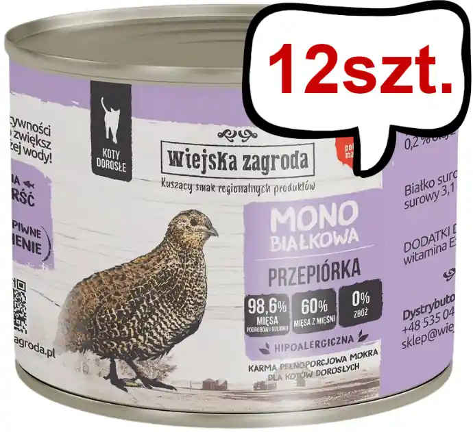 Wiejska Zagroda Adult Monobiałkowa Przepiórka Mokra Karma dla kota op. 200g Pakiet 12szt. Szybka dostawa