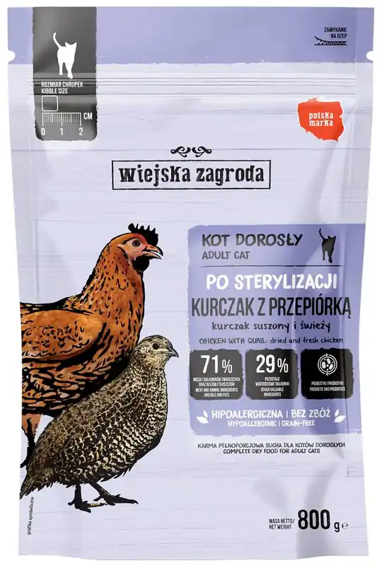 Wiejska Zagroda Adult Sterilised Kurczak z przepiórką Sucha Karma dla kota op. 800g Popularny