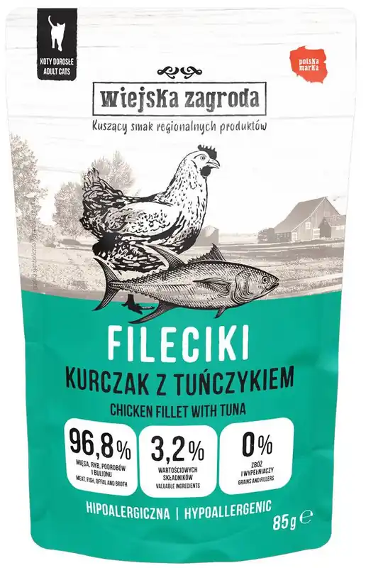 Wiejska Zagroda Fileciki Kurczak z tuńczykiem Mokra Karma dla kota op. 85g Do wyczerpania zapasów