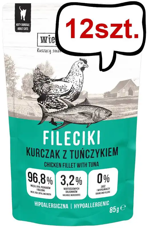 Wiejska Zagroda Fileciki Kurczak z tuńczykiem Mokra Karma dla kota op. 85g Pakiet 12szt. Rabat