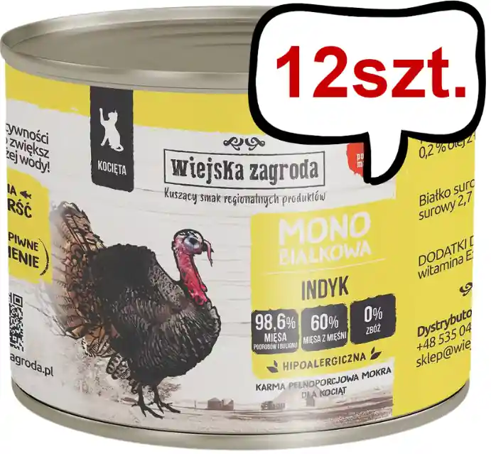 Wiejska Zagroda Kitten Monobiałkowa Indyk Mokra Karma dla kociąt op. 200g Pakiet 12szt. Szybka wysyłka