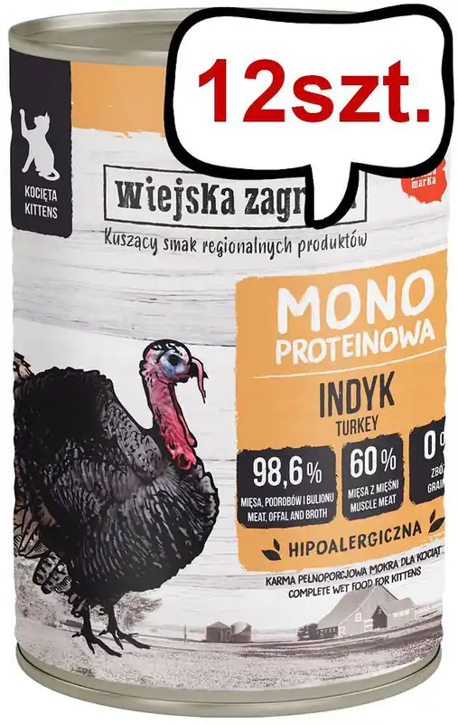 Łatwy zwrot Wiejska Zagroda Kitten Monobiałkowa Indyk Mokra Karma dla kociąt op. 400g Pakiet 12szt.