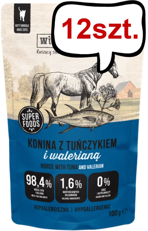 Oferta czasowa Wiejska Zagroda Konina z tuńczykiem i walerianą Mokra Karma dla kota op. 100g Pakiet 12szt.